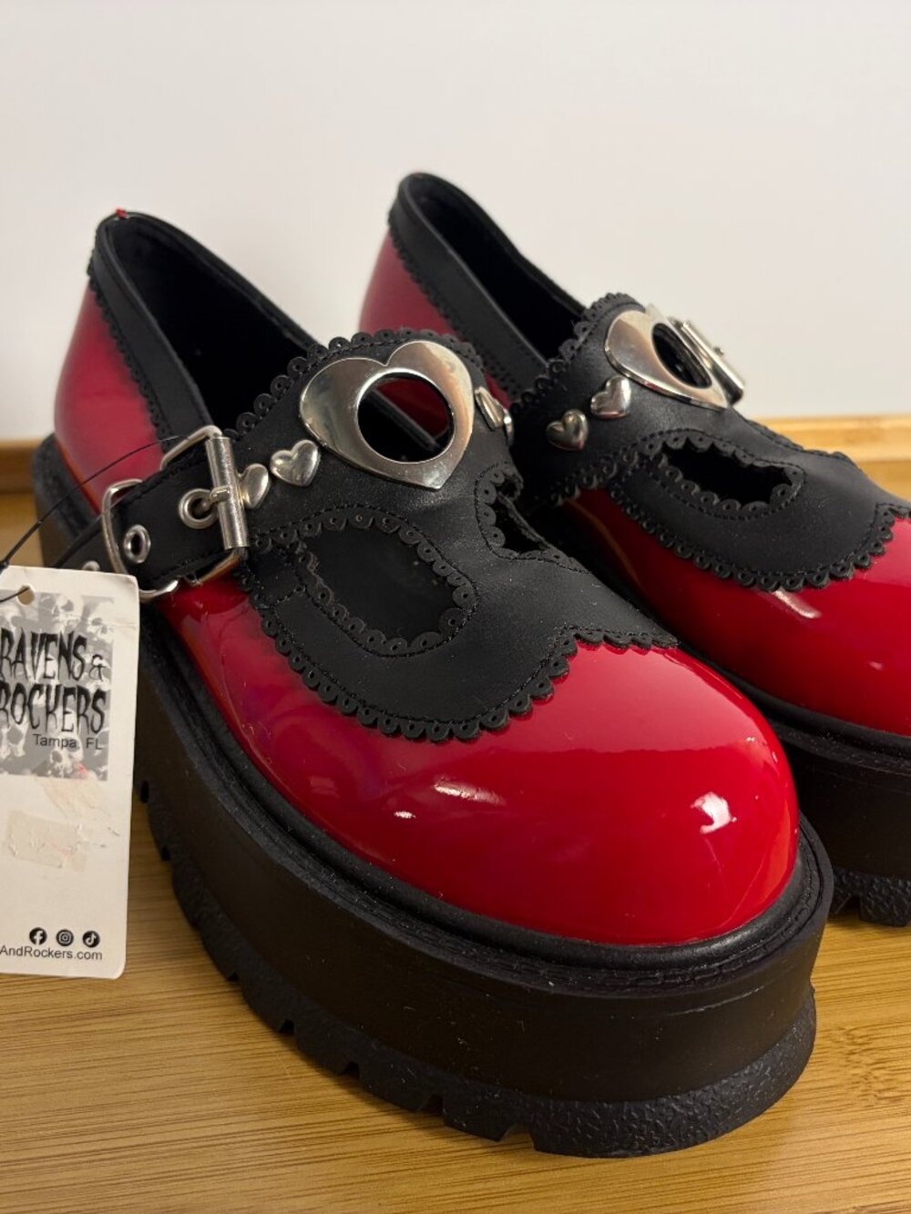 Demonia Red Black Patent Platform Mary Jane Shoes Goth Punk Slacker 23 Sz US 7